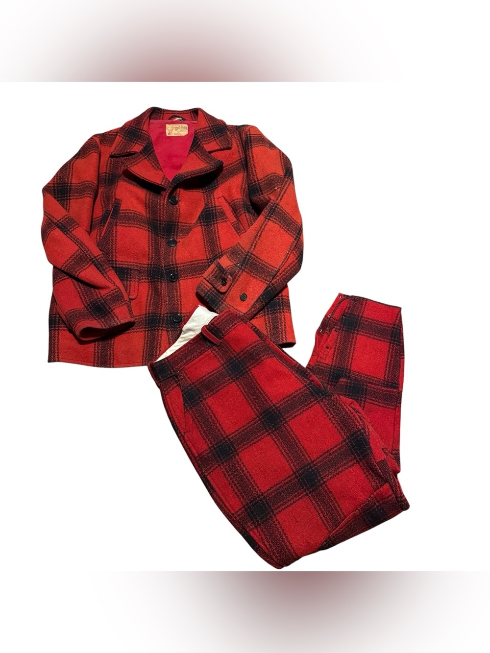Vintage Red Stag Wool Hunting Suit Jacket Pants Red Black Buffalo Plaid Mens XL